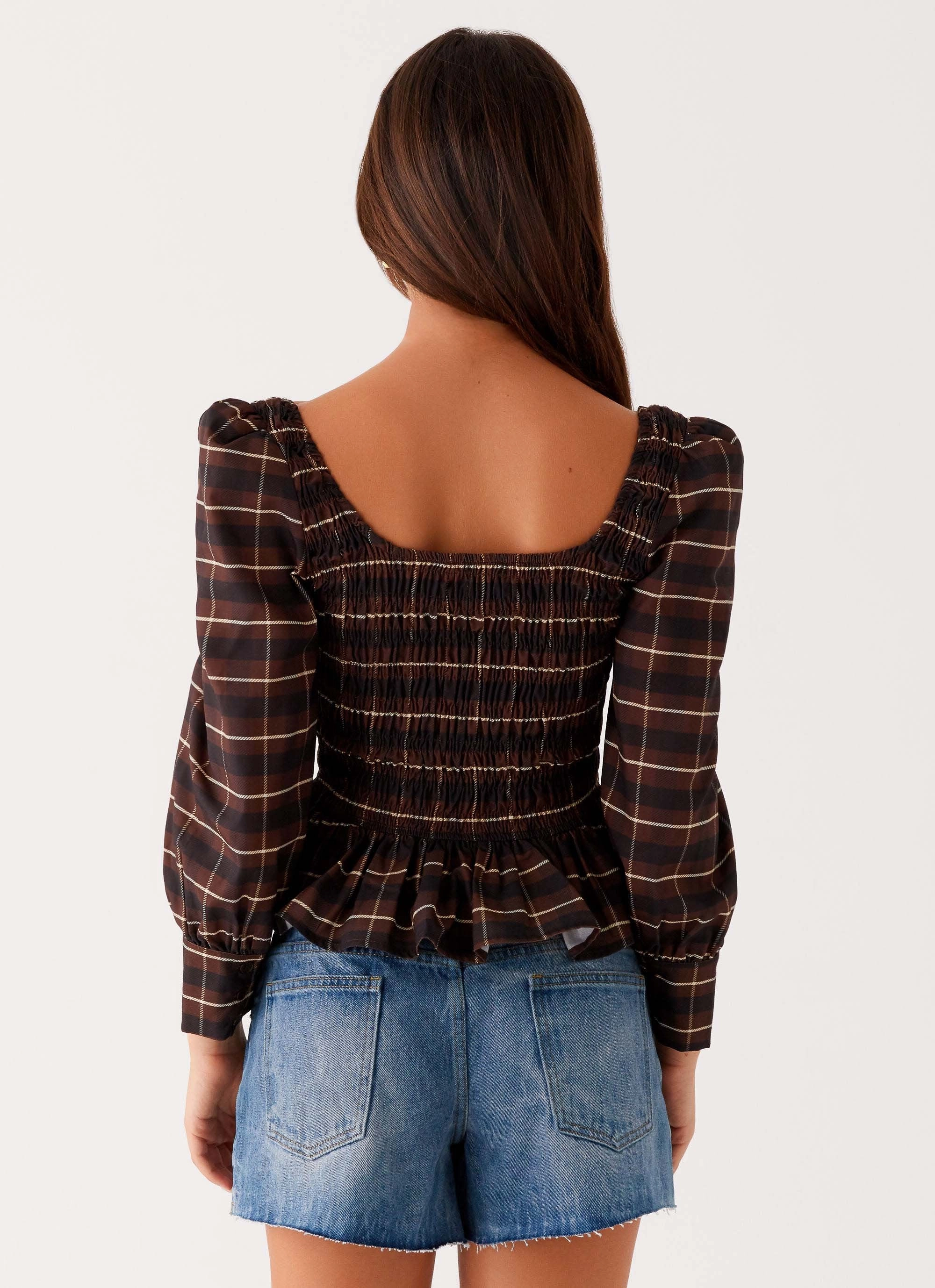 Joyce Long Sleeve Shirred Top - Chocolate Check NonChafing Fabric Compact Weave Fabric