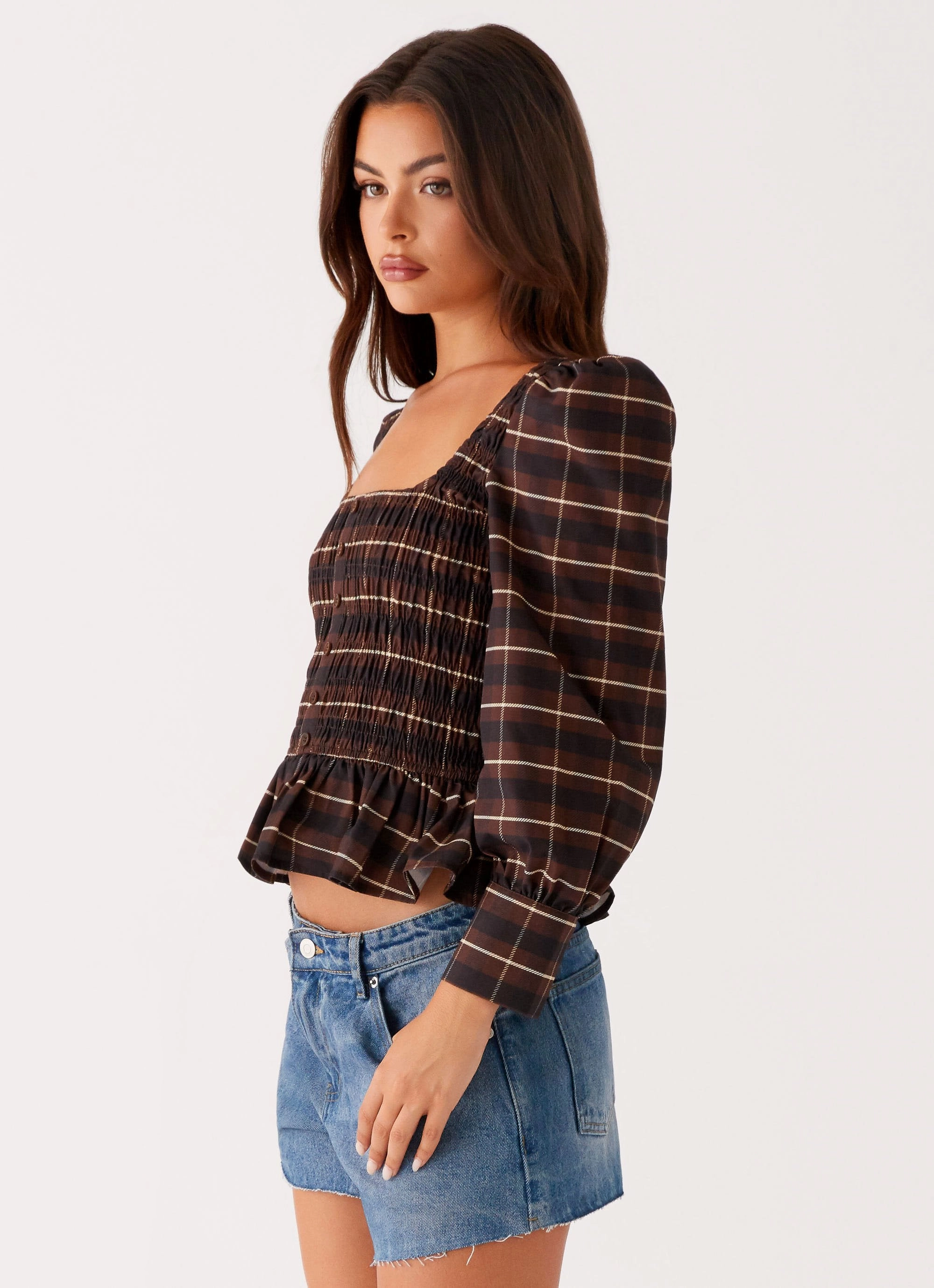 RibbedTexture Joyce Long Sleeve Shirred Top - Chocolate Check