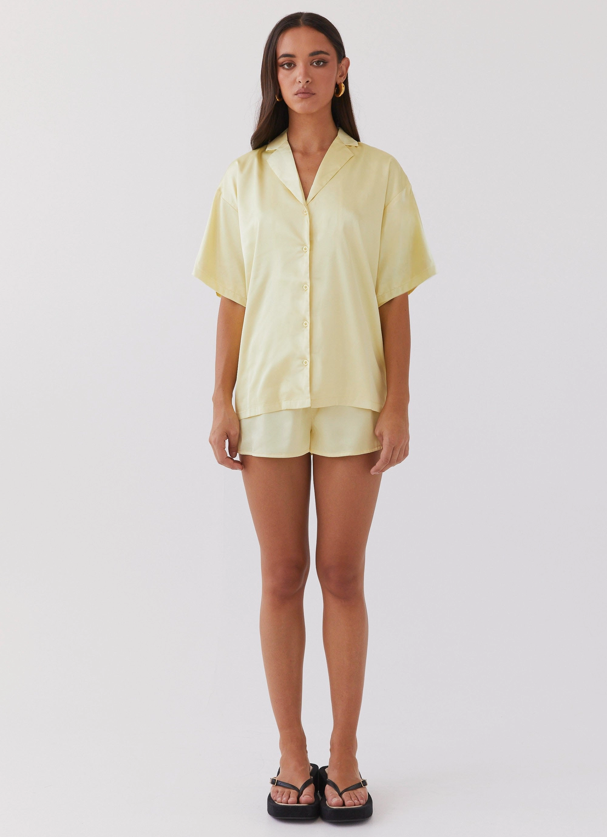 Julia Satin Oversized Shirt - Lemon Velcro Fasten
