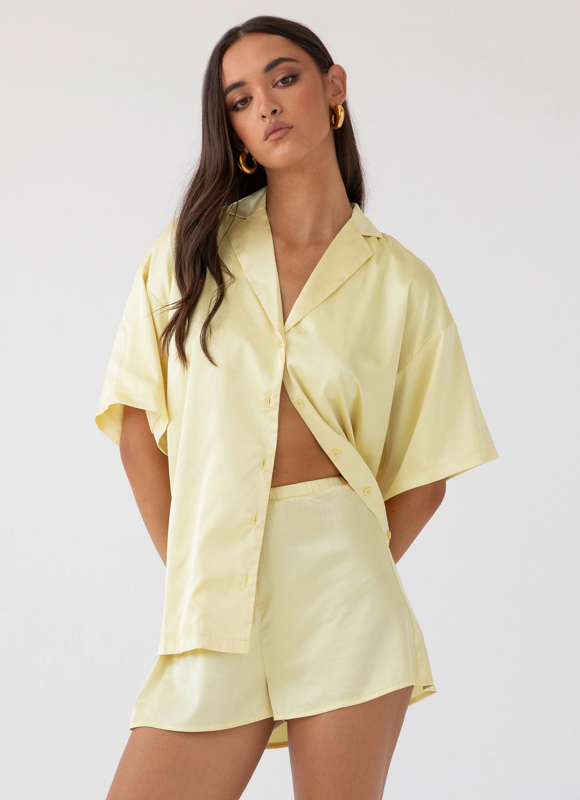 Julia Satin Oversized Shirt - Lemon QuiltedPattern