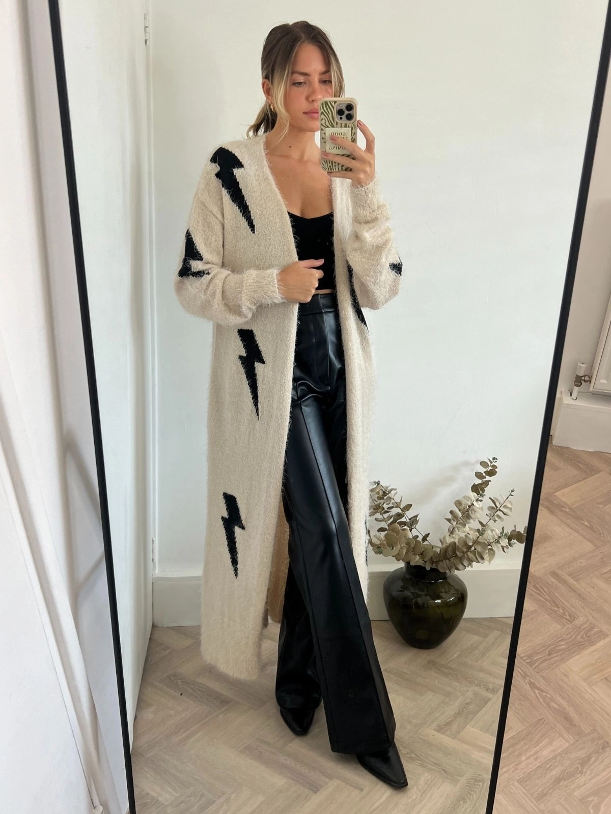 Kaia Lightning Print Long Cardigan / Stone Sustainable Textile