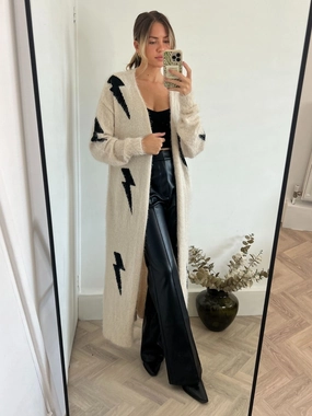Kaia Lightning Print Long Cardigan / Stone SelfCleaning Coating Kaia Lightning Print Long Cardigan / Stone Sustainable Textile