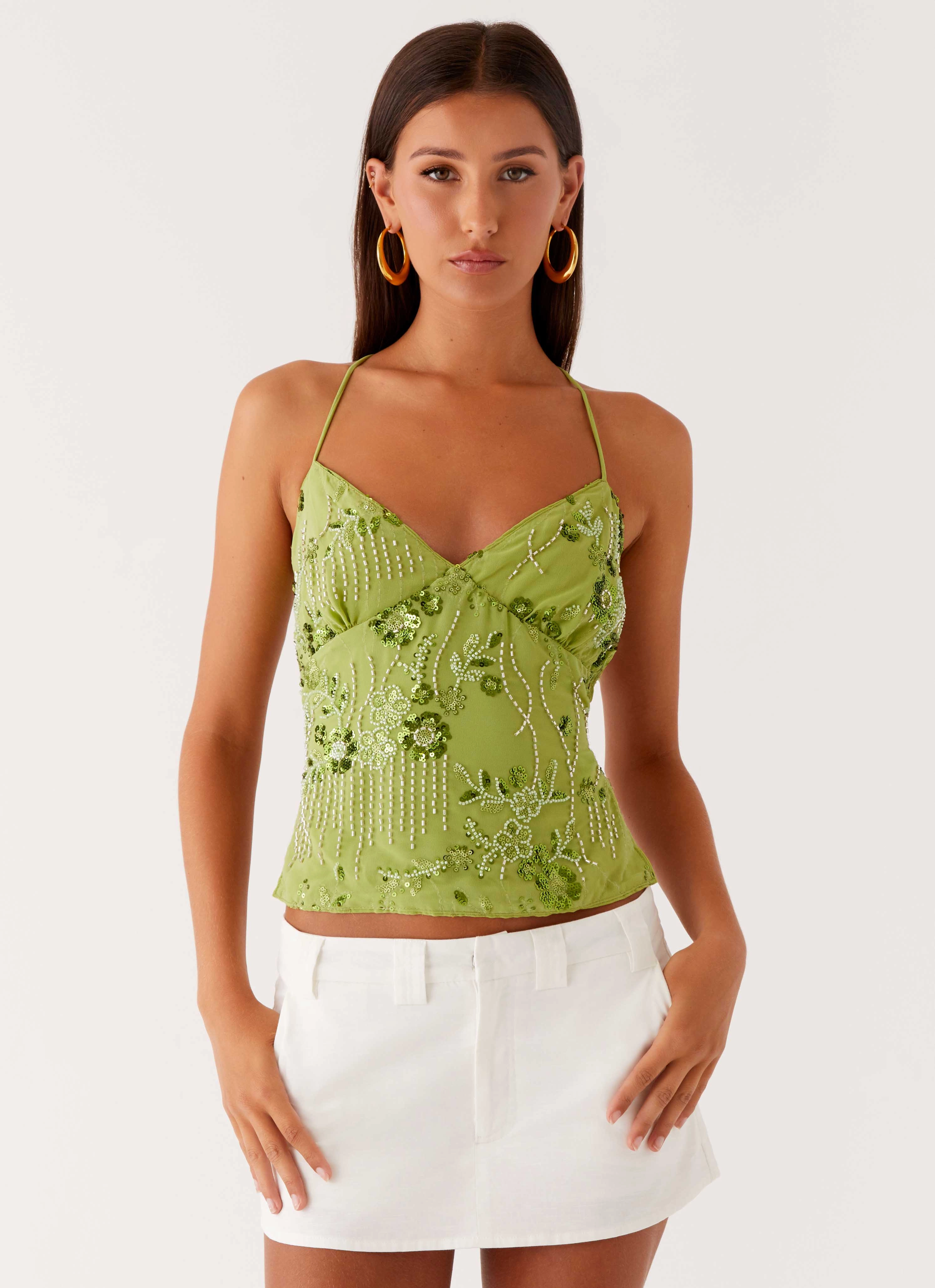 Earthy Tone Colorways SoftInteriorLining Kamilla Sequin Cami Top - Lime