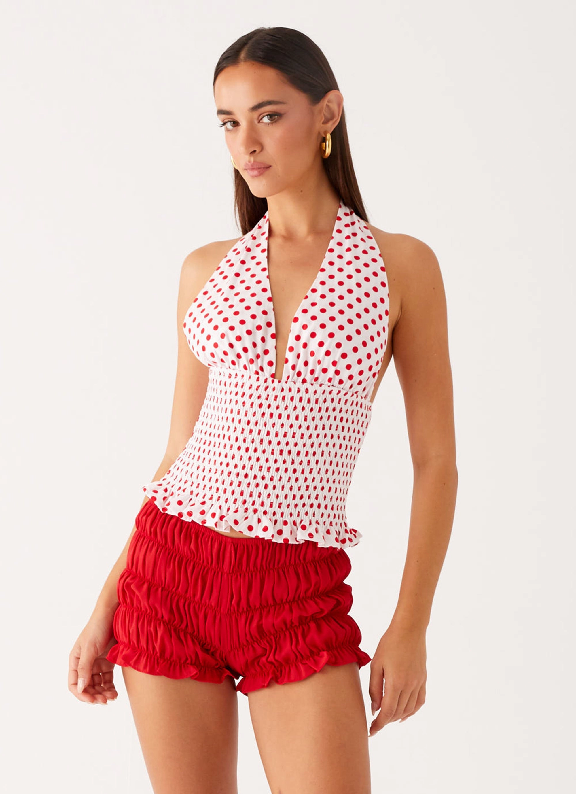 Kamren Halter Top - White Red Polka Dot Two Tone Texture Effect QuickReleaseFastenings