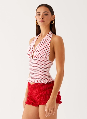Kamren Halter Top - White Red Polka Dot Reinforced Collar Zero Waste Cut Pattern Kamren Halter Top - White Red Polka Dot