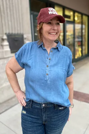 Karla - Ruched Shoulder Short Sleeve Chambray Top