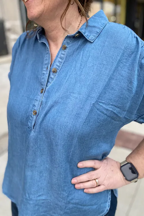 Karla - Ruched Shoulder Short Sleeve Chambray Top