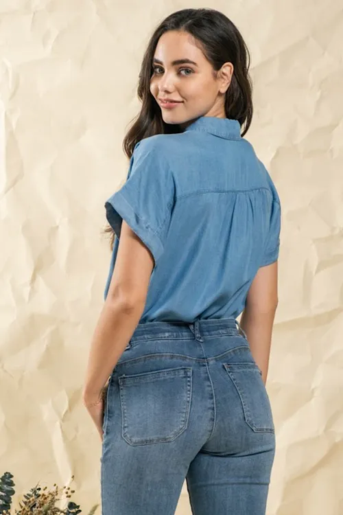 Karla - Ruched Shoulder Short Sleeve Chambray Top