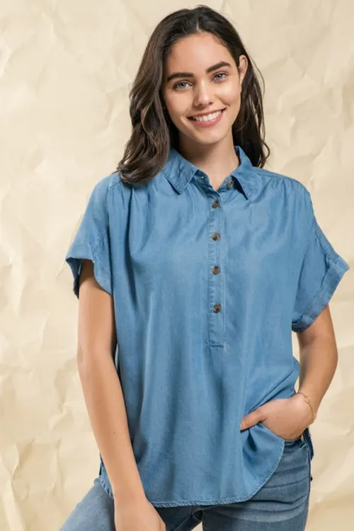 Karla - Ruched Shoulder Short Sleeve Chambray Top