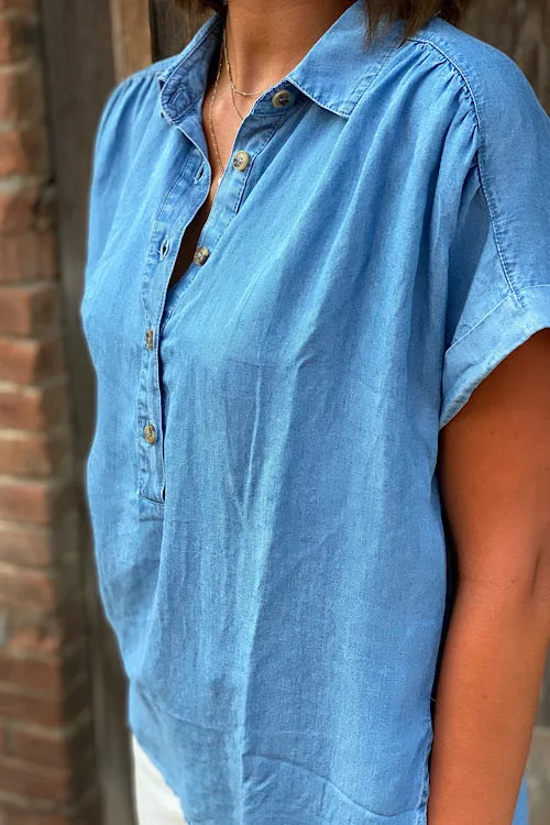 Karla - Ruched Shoulder Short Sleeve Chambray Top