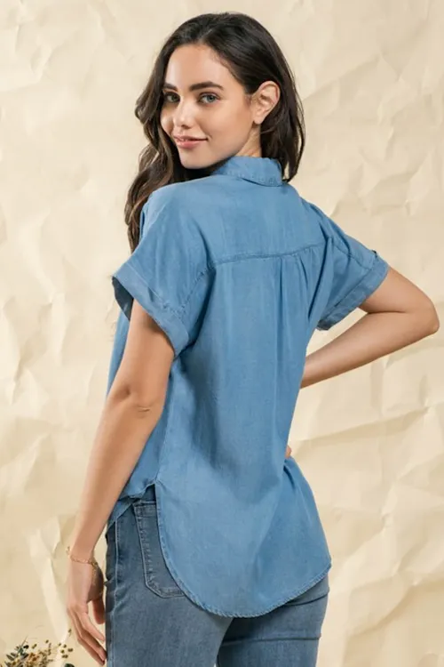 Karla - Ruched Shoulder Short Sleeve Chambray Top