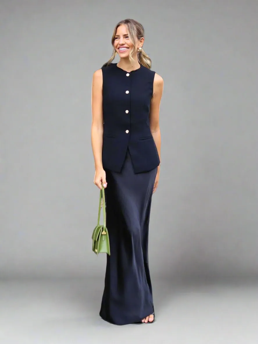 Quiet Style Foil Print Kassia Satin Slip Maxi Skirt / Black