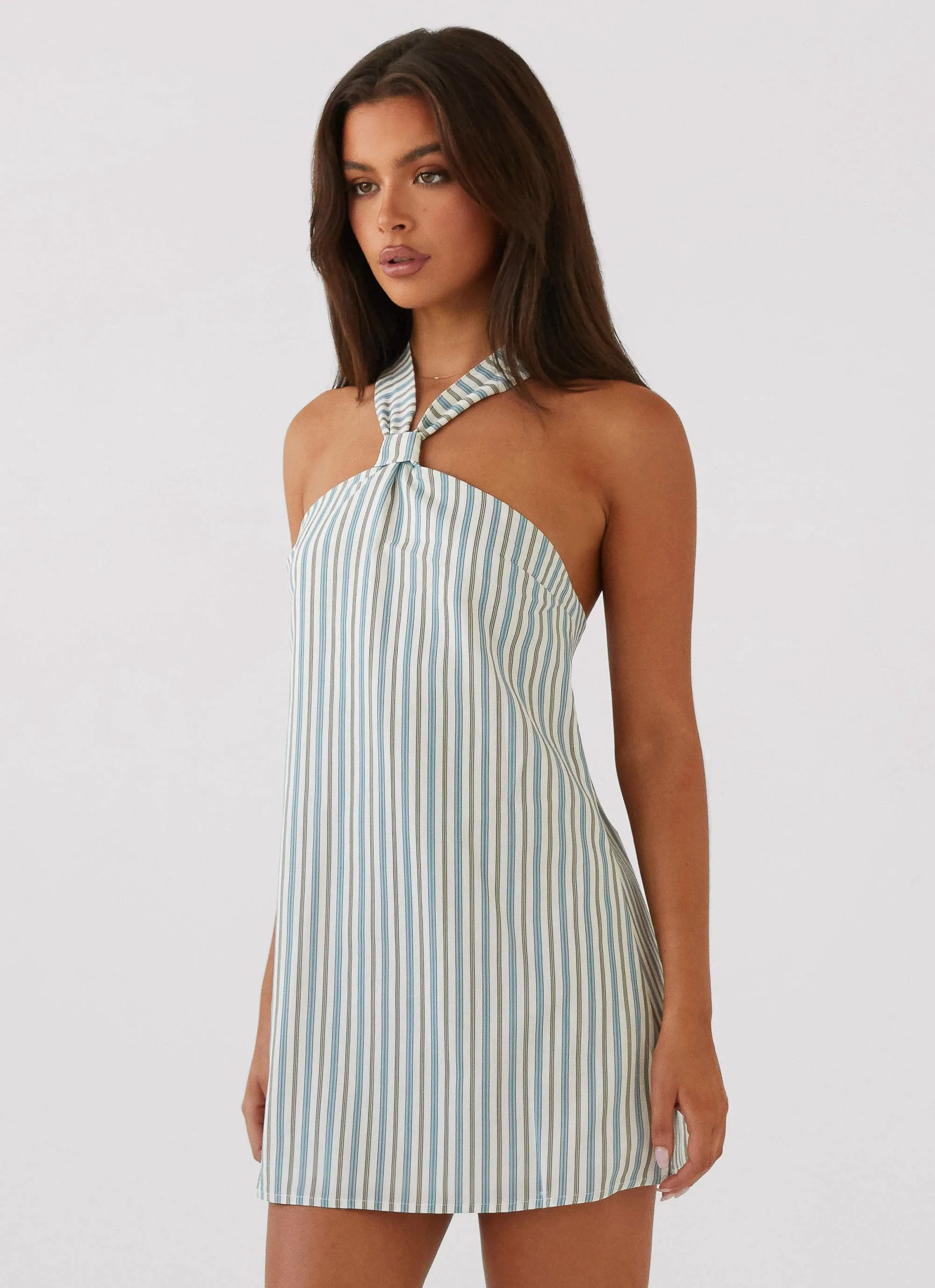 Keira Linen Mini Dress - Blue Choc Stripe Vibrant Colors
