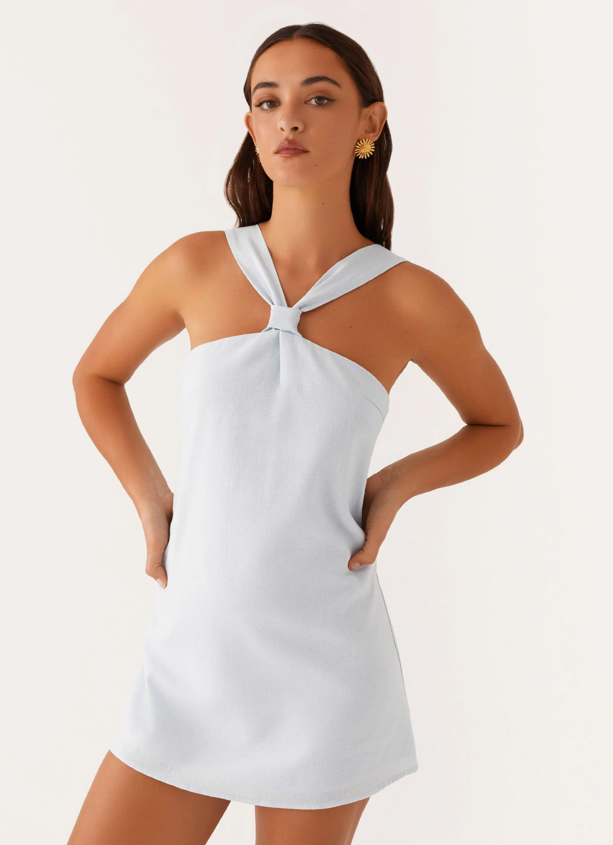 Keira Linen Mini Dress - Blue Sleek Silhouette