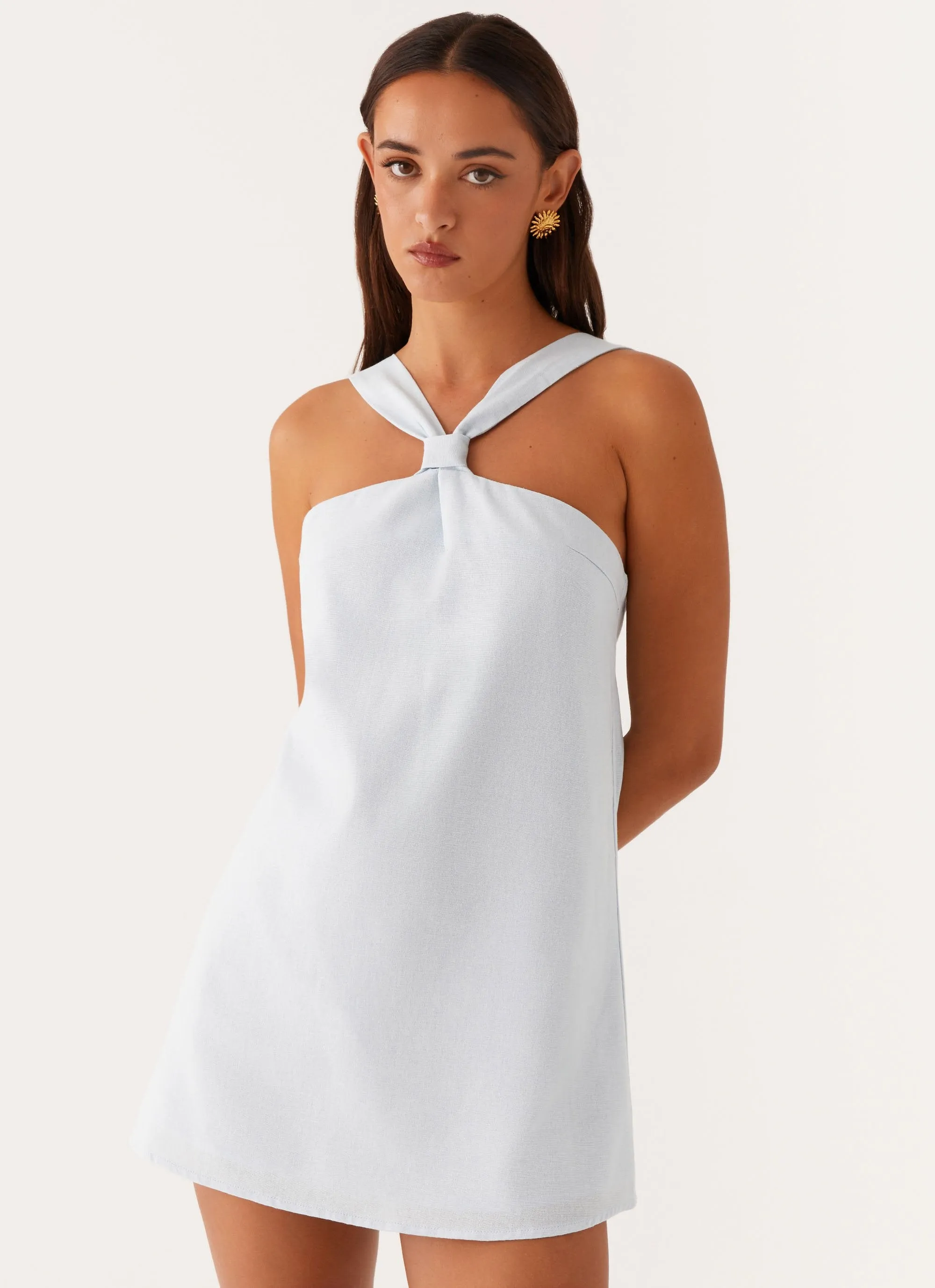 Keira Linen Mini Dress - Blue Cocktail Event Ventilated Back