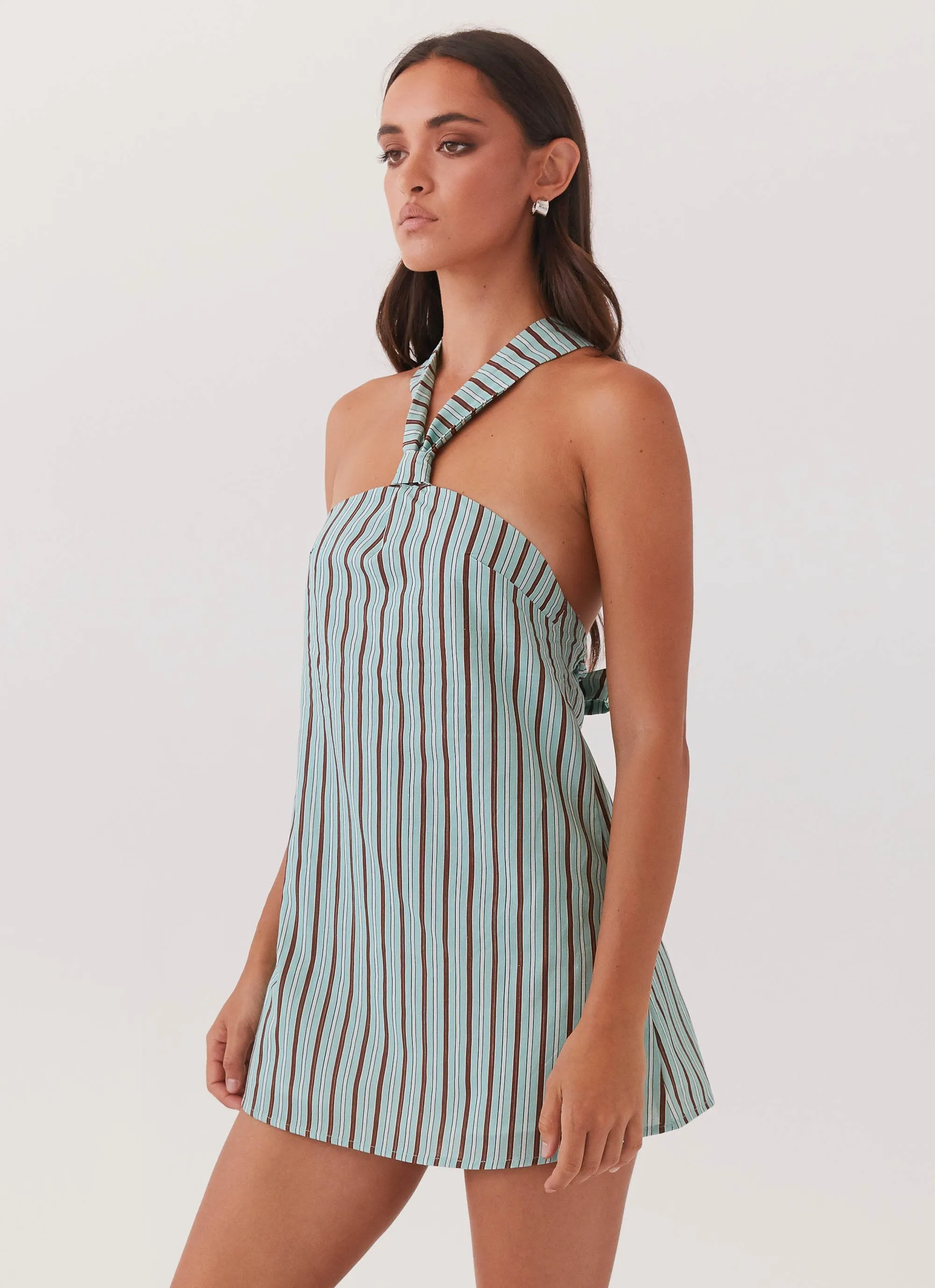 Static Dissipating Fiber Glossy Texture Keira Linen Mini Dress - Coastal Stripe