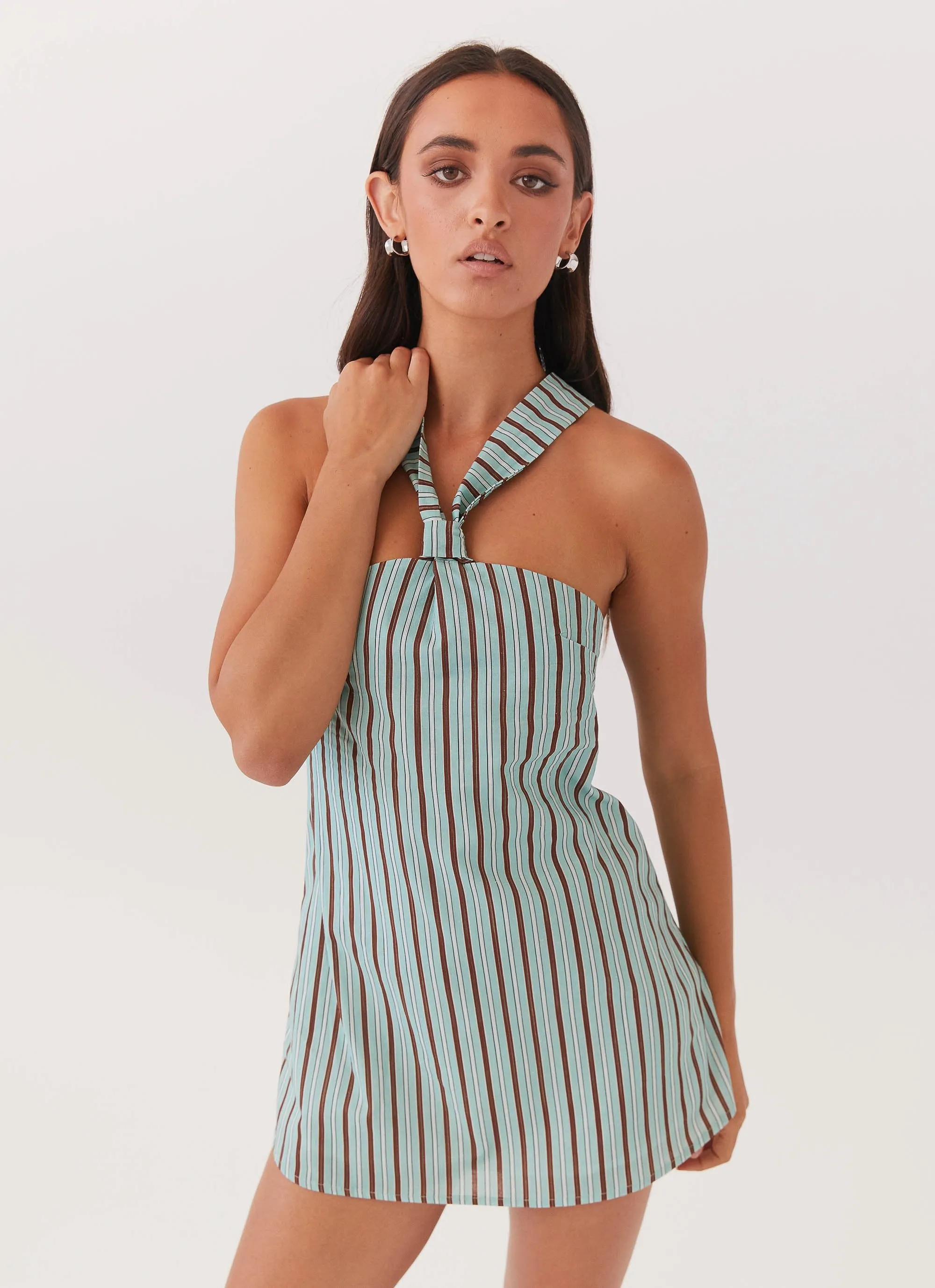 Anti Cling Fabric Keira Linen Mini Dress - Coastal Stripe