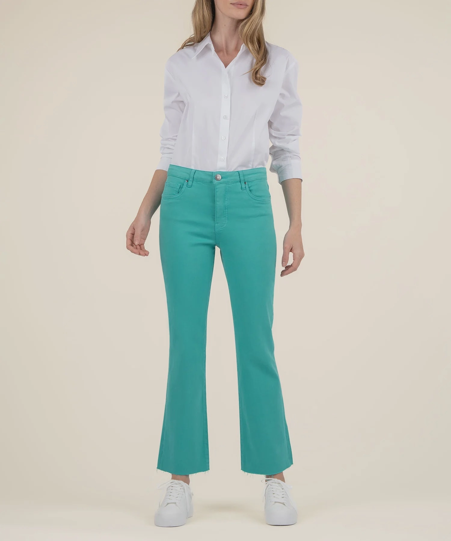 Kelsey High Rise Ankle Flare - Turquoise (FINAL SALE) WideNeckline Rolled Hem Detailing