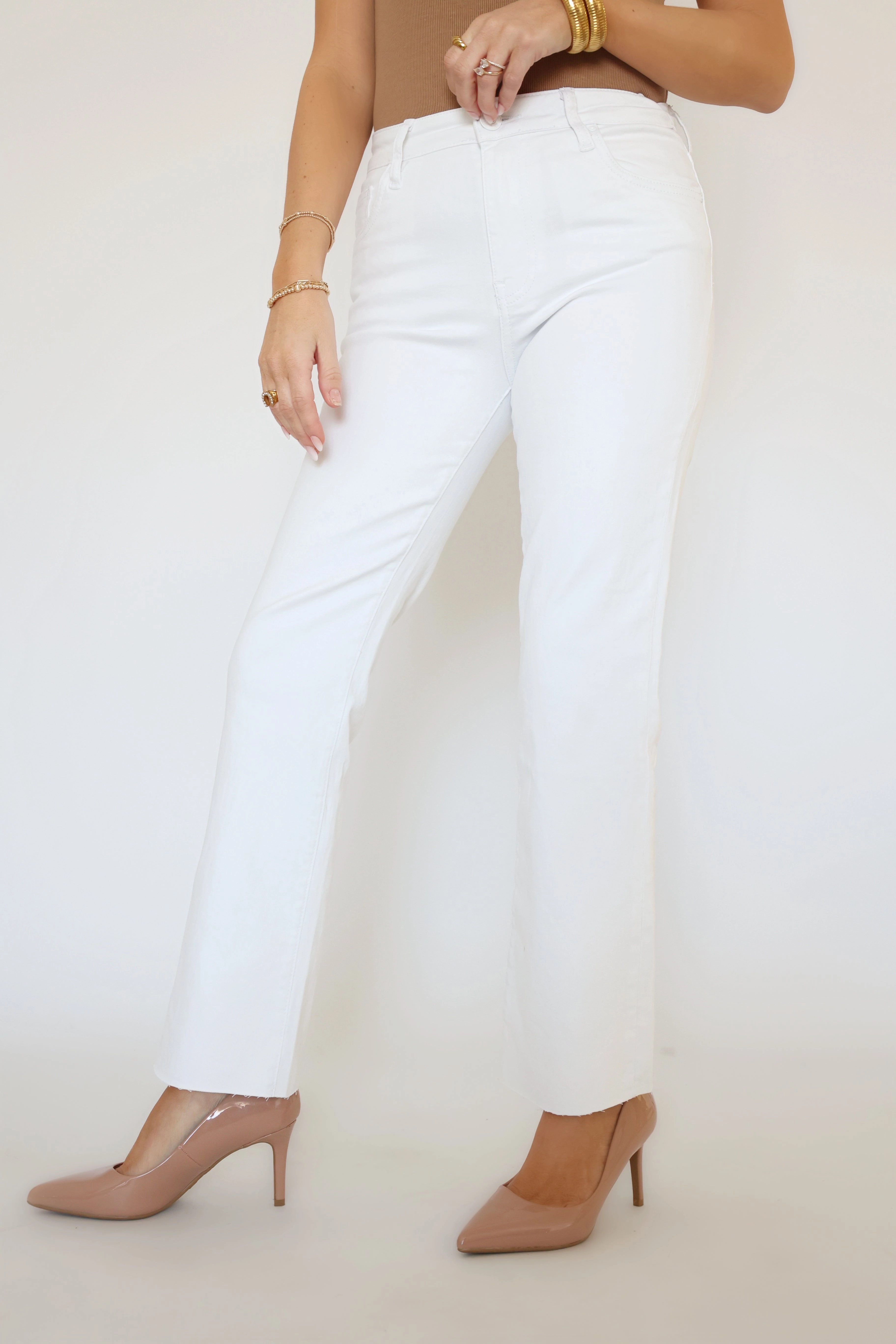 Hidden Button Placket Kelsey High Rise Ankle Flare Jeans -Optic White