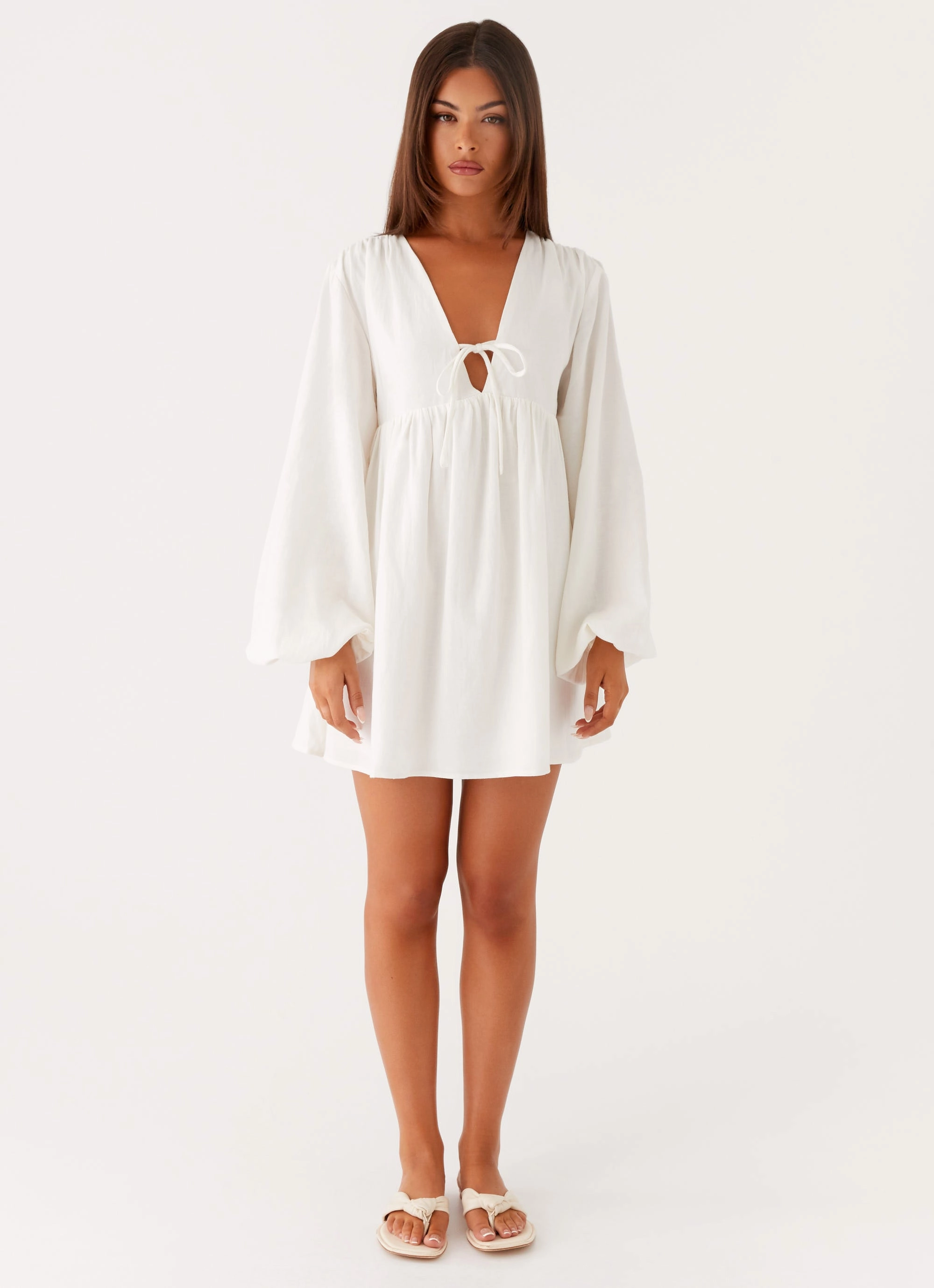 Kennie Linen Mini Dress - White Urban Feel Free Step