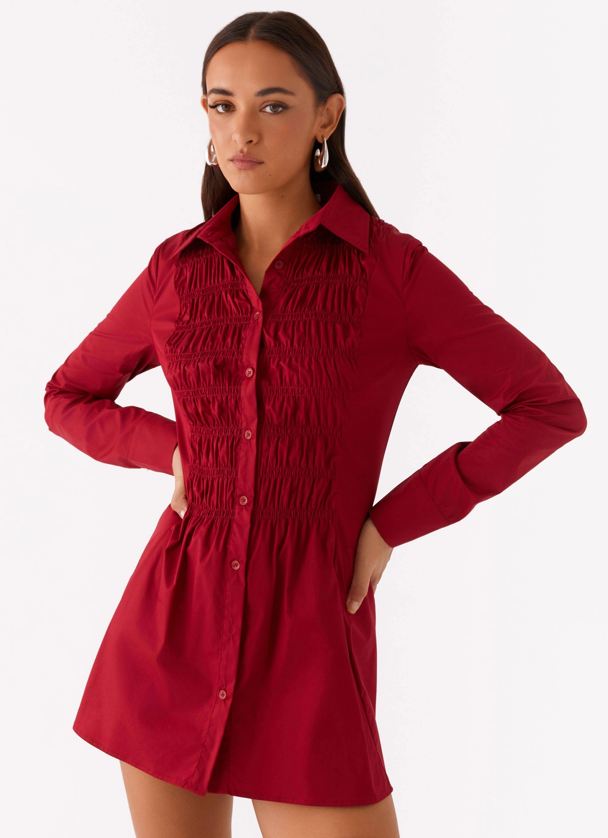 Office Fit Subtle Finish Tessie Shirred Shirt Dress - Rhubarb