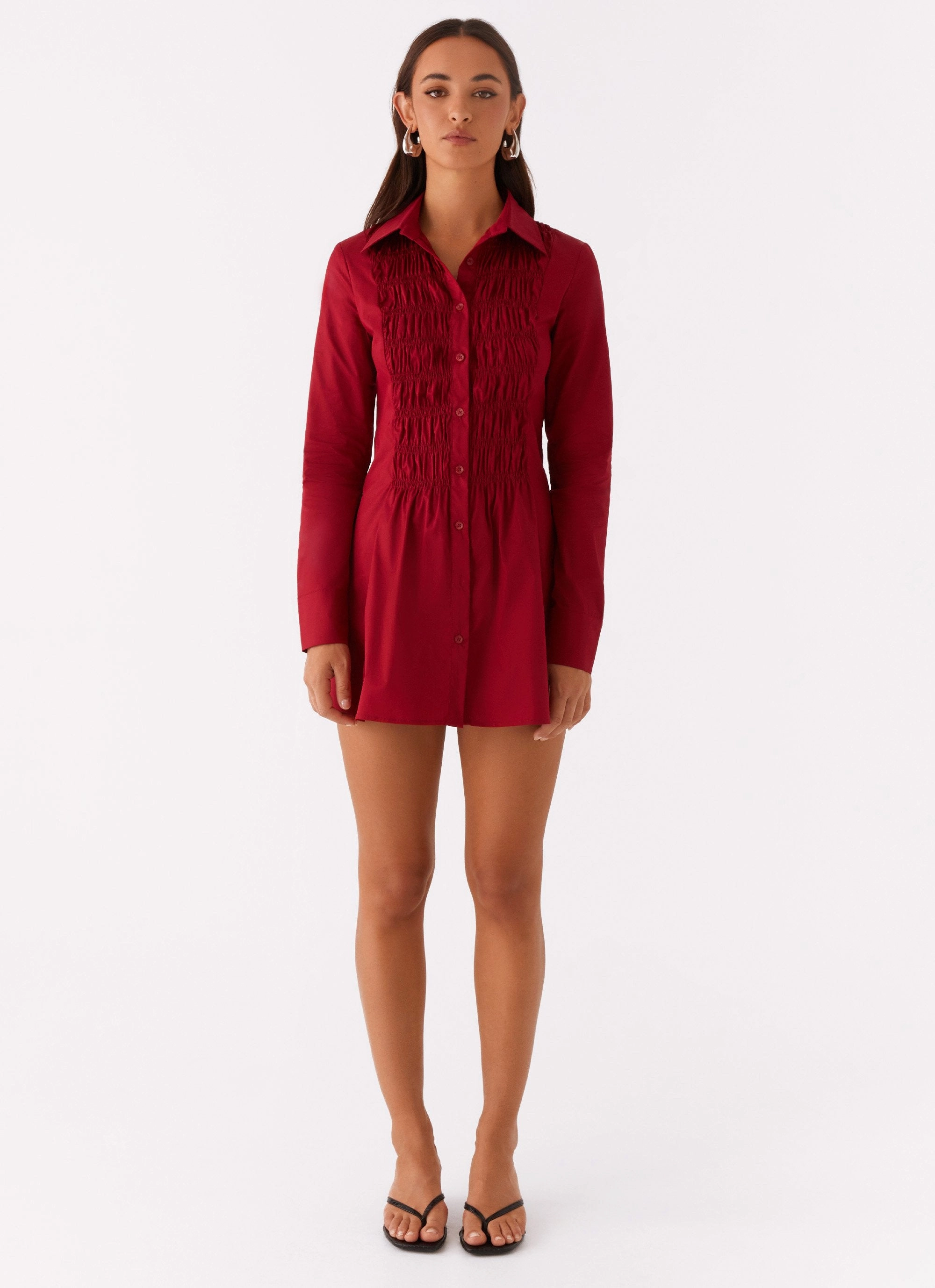 Tessie Shirred Shirt Dress - Rhubarb Summer Soft Satin-Finish