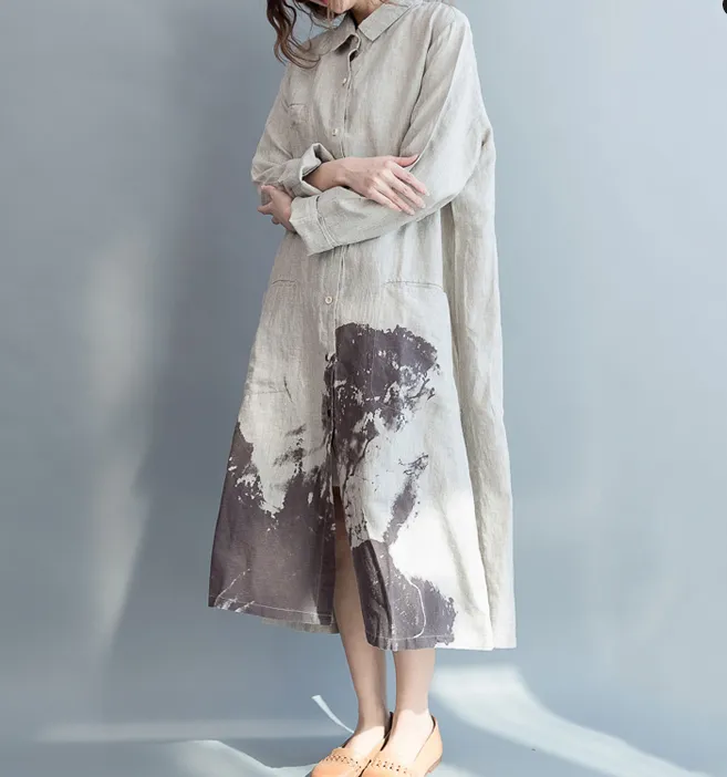 khaki Plus Size Shirts Women Dresses Casual Loose Print Women Dresses SSM97215