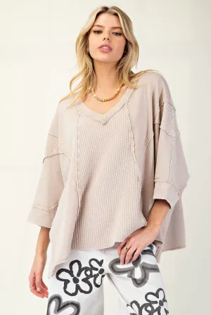Khaki Thermal Mix Terry Knit Mineral Washed Top Curvy Plus