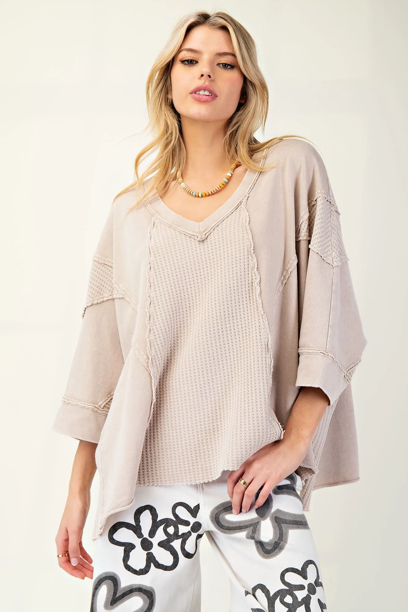 Khaki Thermal Mix Terry Knit Mineral Washed Top Curvy Plus