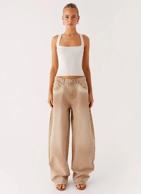 Khalil Baggy Jeans - Tan Frayed hem