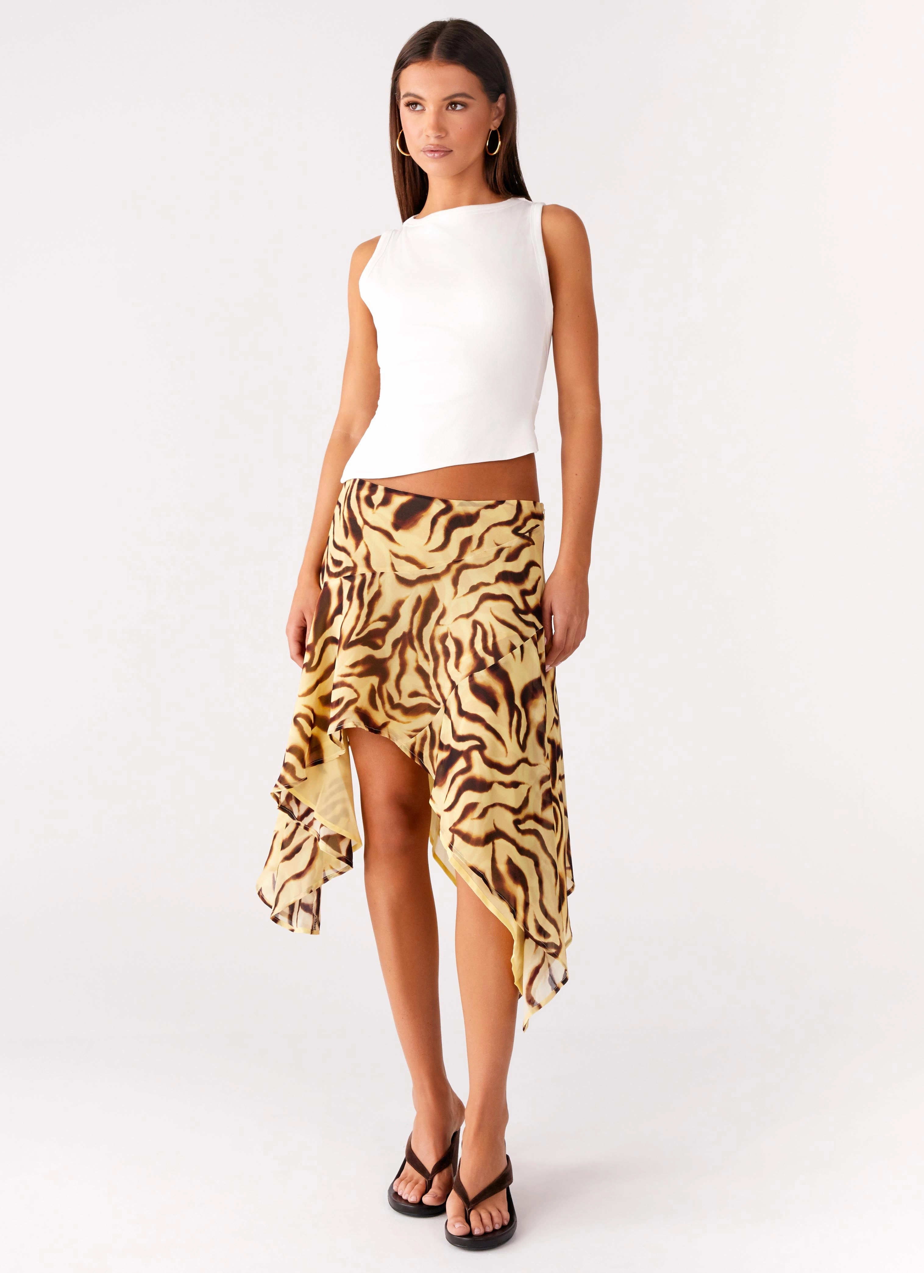 Kia Low Rise Asymmetrical Midi Skirt - Laguna Print Flexible Fit