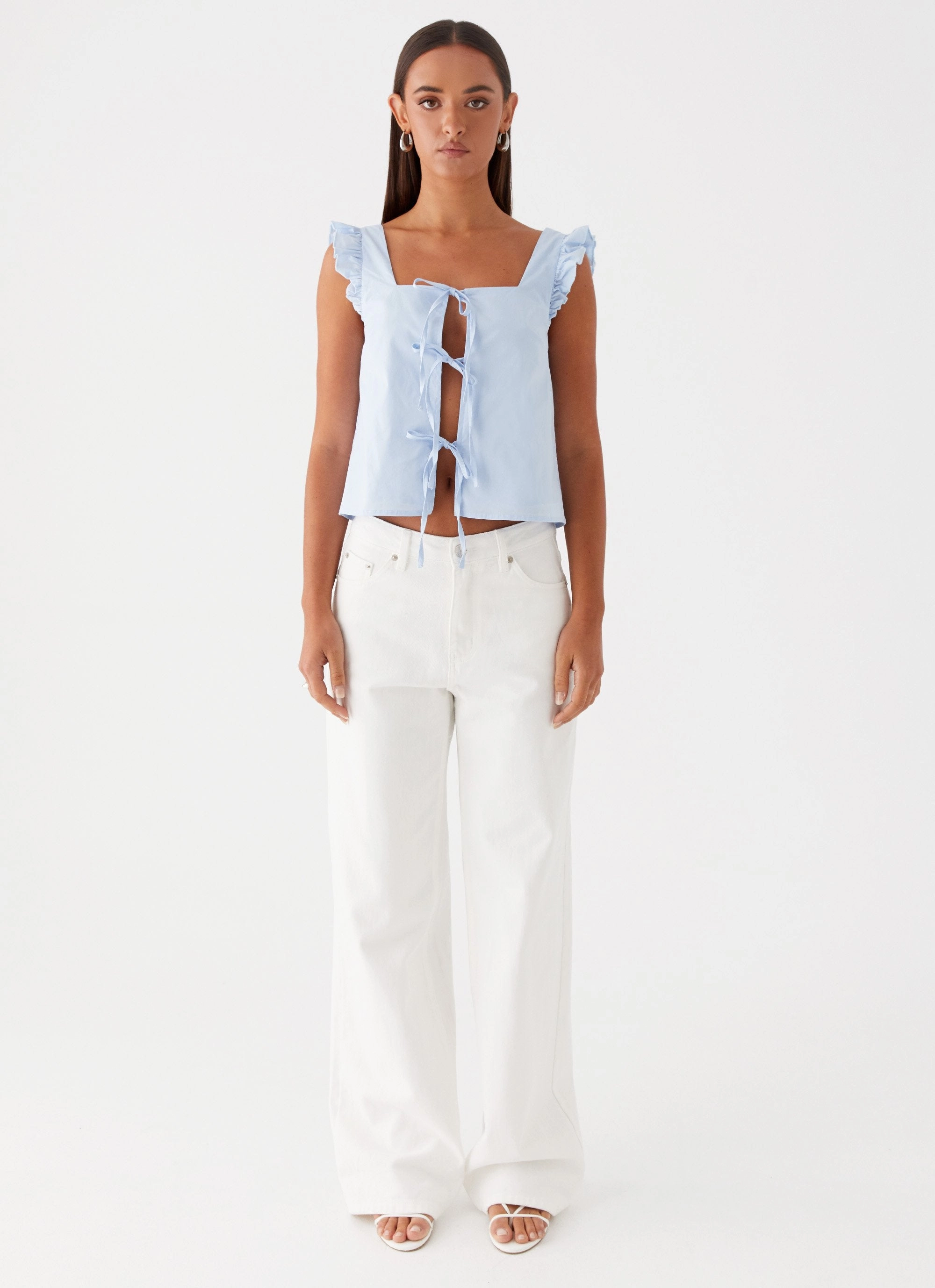 Kiani Tie Front Top - Blue Contrast Stitching Zero Waste Production Label