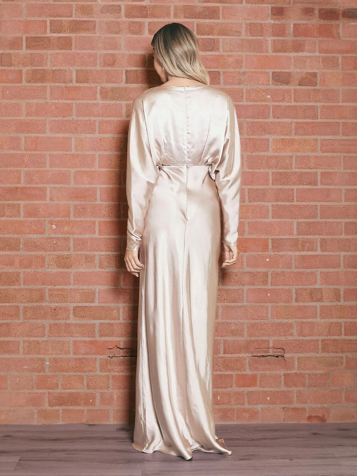 Chill Detail Kimono Long Sleeve Satin Maxi Dress / Champagne