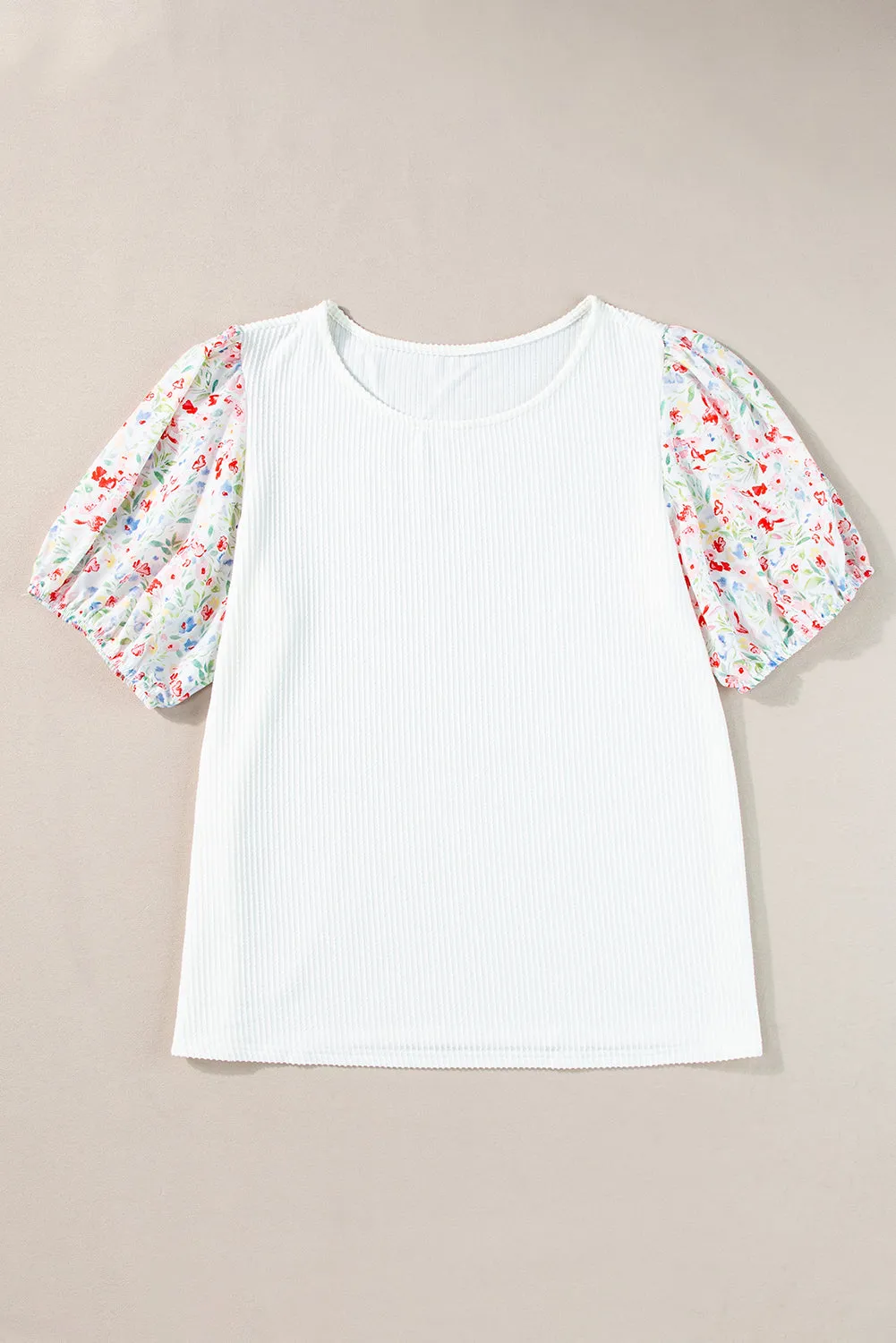 Kinslee Contrast Floral Puff Sleeve Ribbed Knit Plus Size Blouse