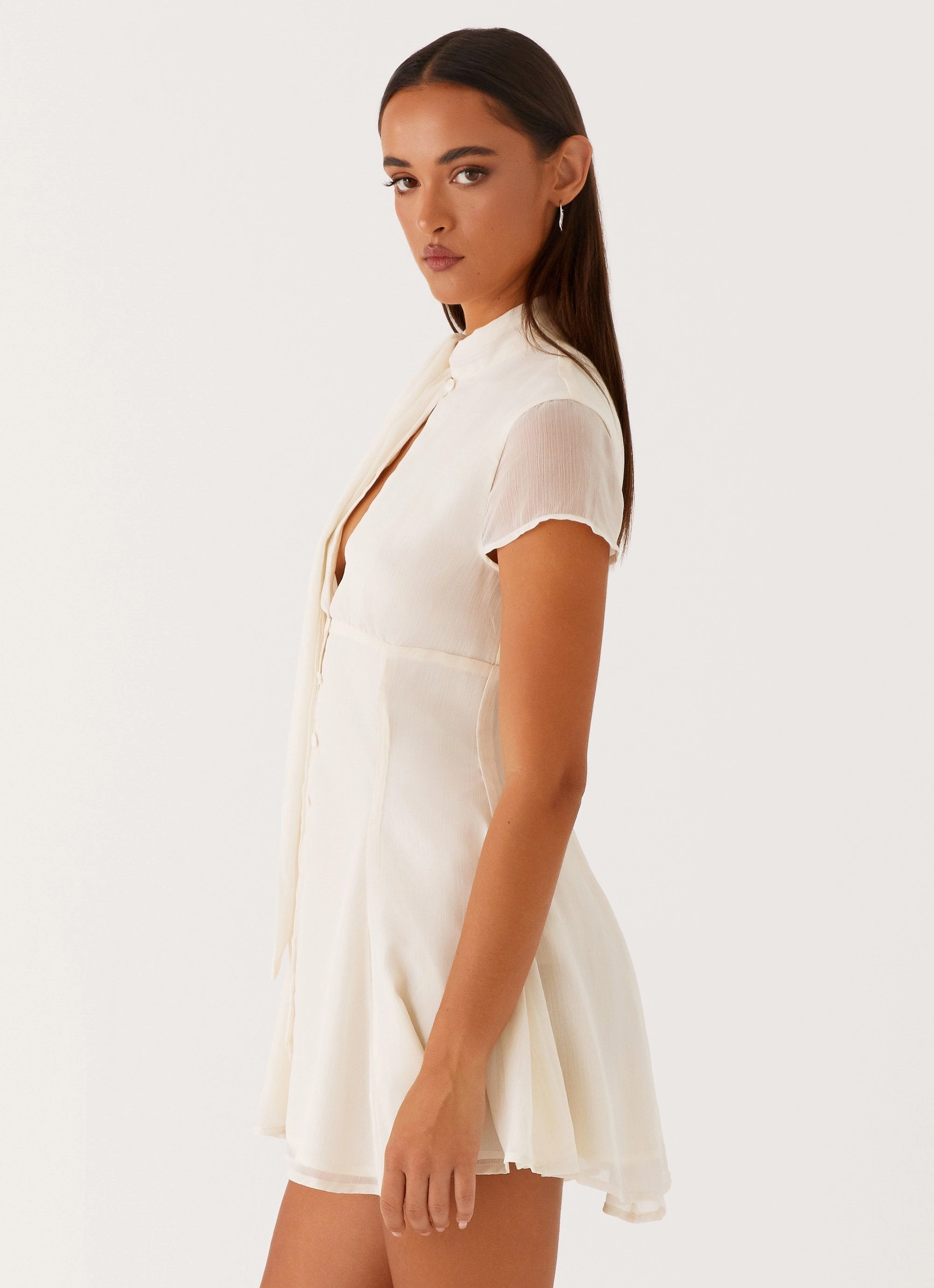 Karling Mini Dress - Ivory Silky Form Collar Accent