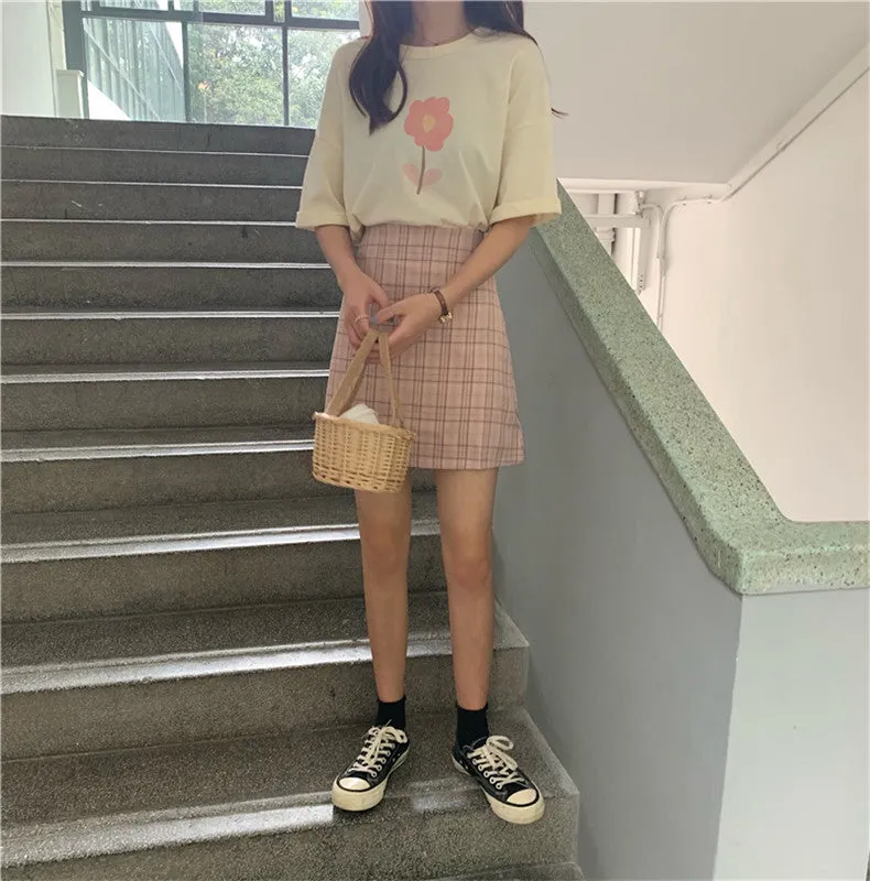 Korean High Waist A-Line Skirt Women Summer Chequered Student College All-Matching Skirt