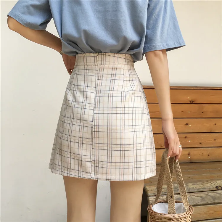 Korean High Waist A-Line Skirt Women Summer Chequered Student College All-Matching Skirt