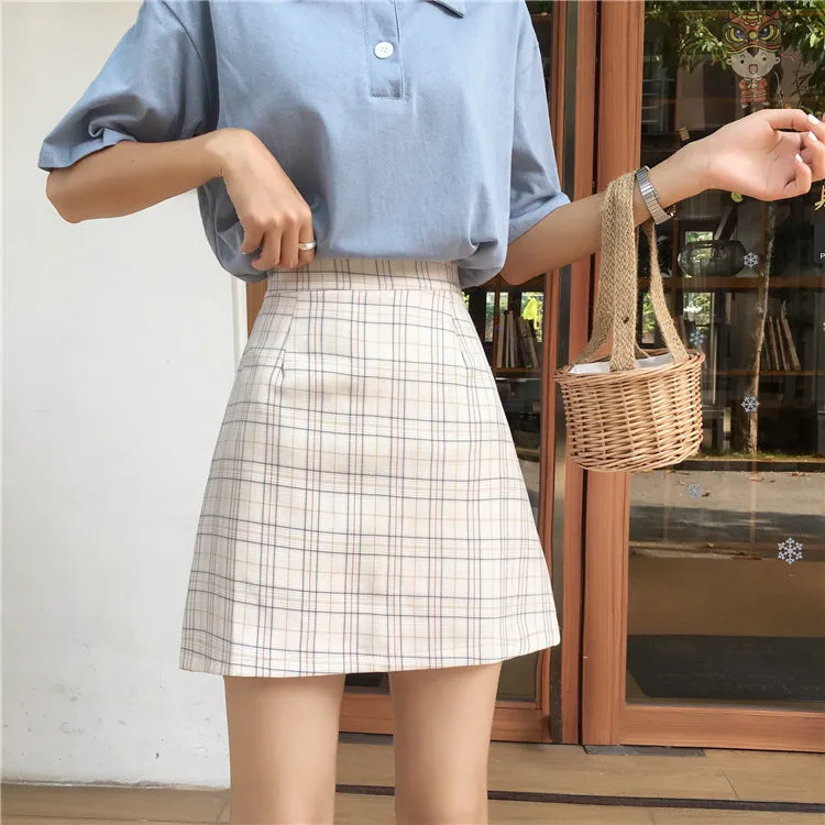Korean High Waist A-Line Skirt Women Summer Chequered Student College All-Matching Skirt