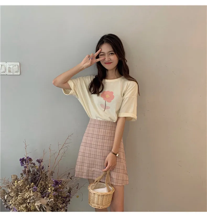 Korean High Waist A-Line Skirt Women Summer Chequered Student College All-Matching Skirt