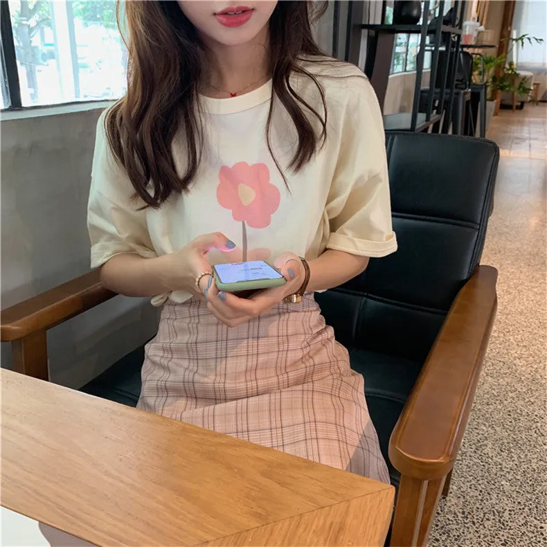 Korean High Waist A-Line Skirt Women Summer Chequered Student College All-Matching Skirt