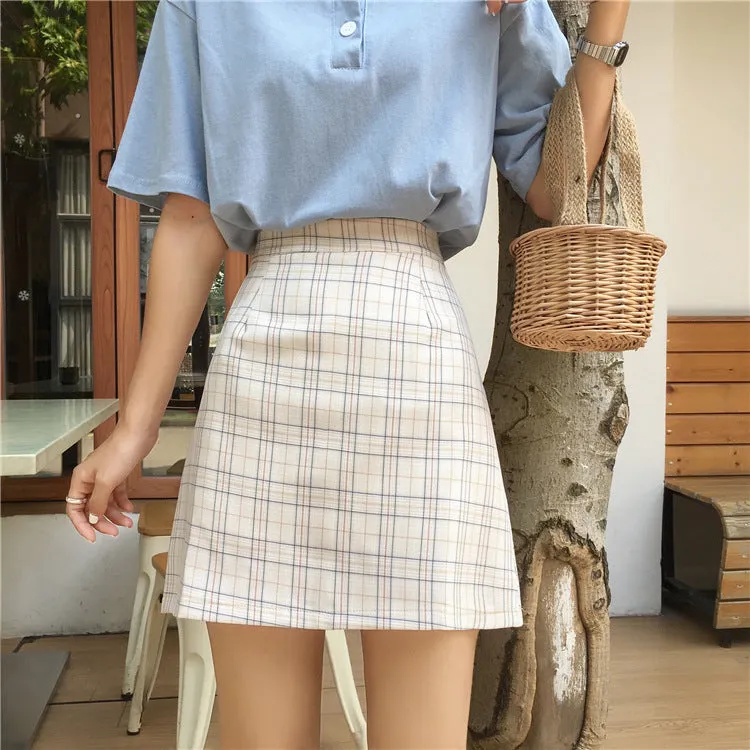 Korean High Waist A-Line Skirt Women Summer Chequered Student College All-Matching Skirt