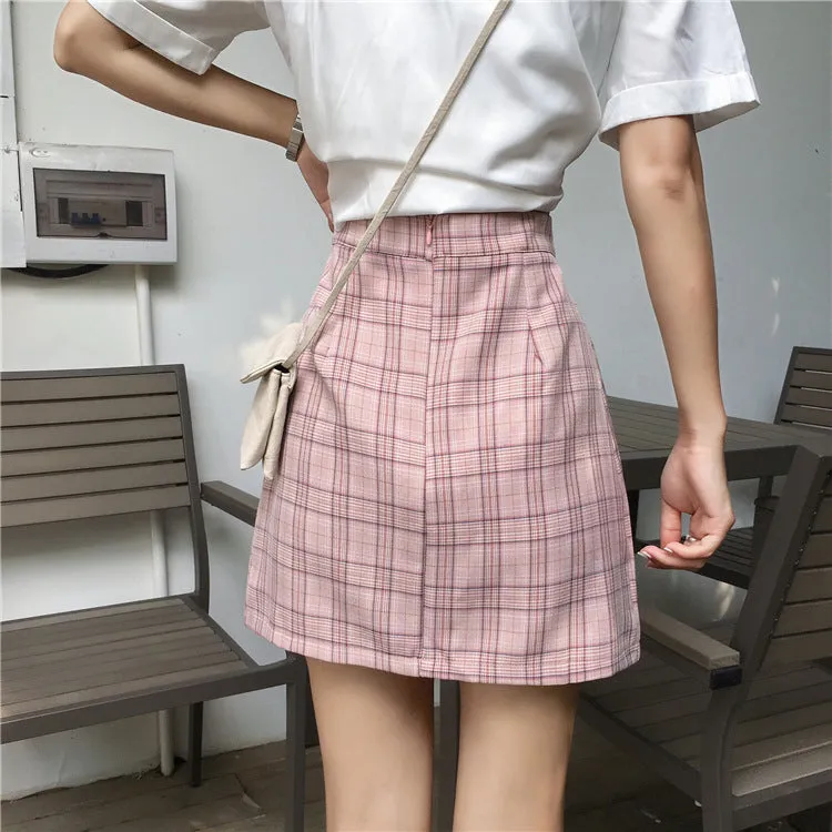 Korean High Waist A-Line Skirt Women Summer Chequered Student College All-Matching Skirt