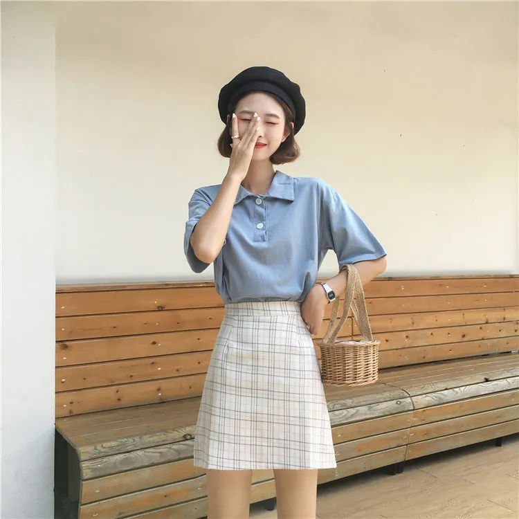 Korean High Waist A-Line Skirt Women Summer Chequered Student College All-Matching Skirt