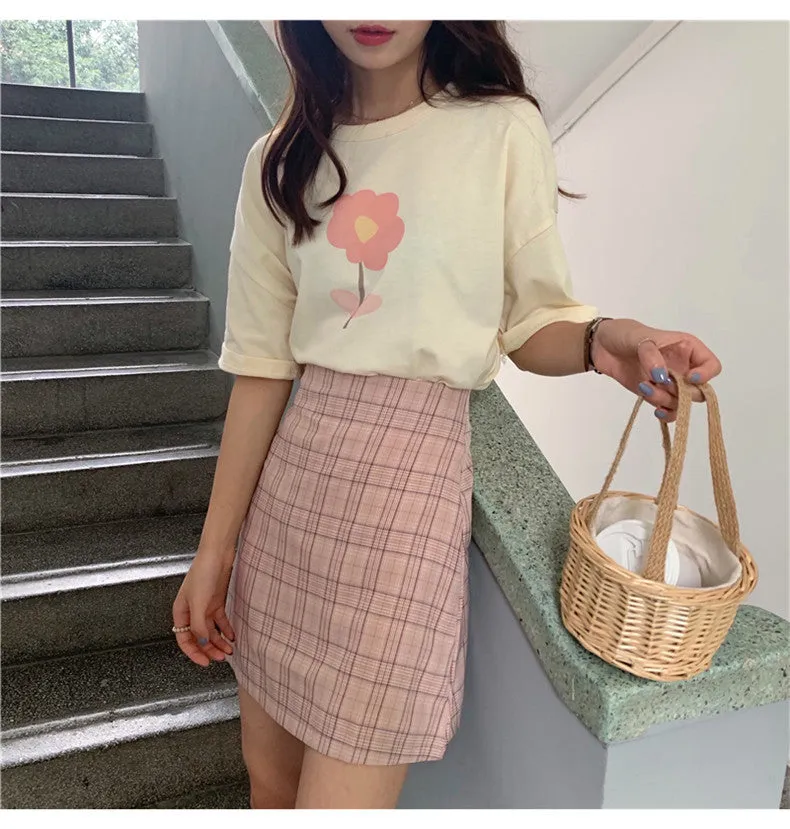 Korean High Waist A-Line Skirt Women Summer Chequered Student College All-Matching Skirt