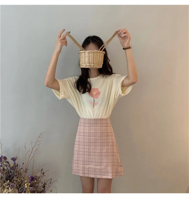 Korean High Waist A-Line Skirt Women Summer Chequered Student College All-Matching Skirt