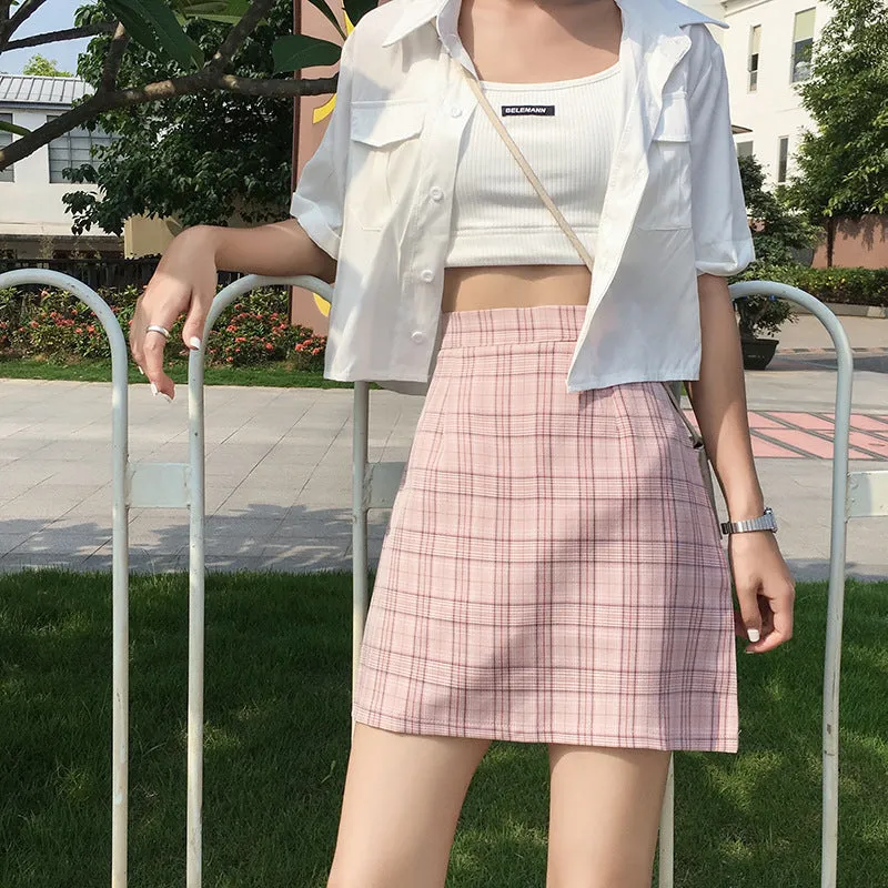 Korean High Waist A-Line Skirt Women Summer Chequered Student College All-Matching Skirt