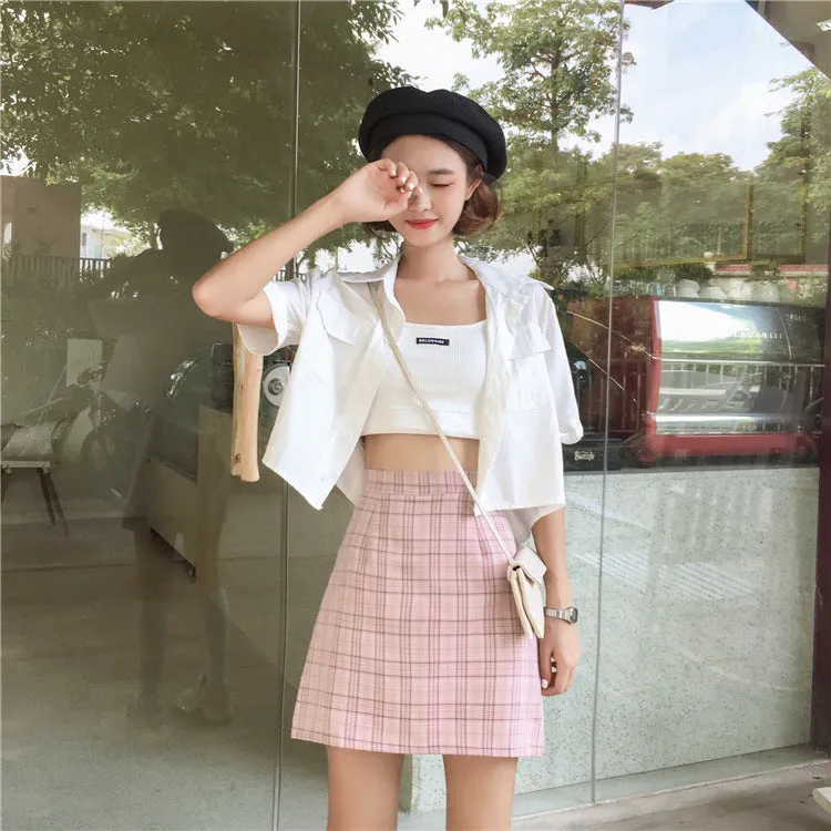 Korean High Waist A-Line Skirt Women Summer Chequered Student College All-Matching Skirt
