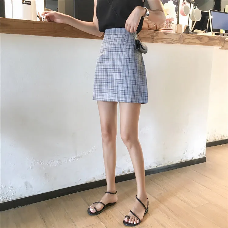Korean High Waist A-Line Skirt Women Summer Chequered Student College All-Matching Skirt