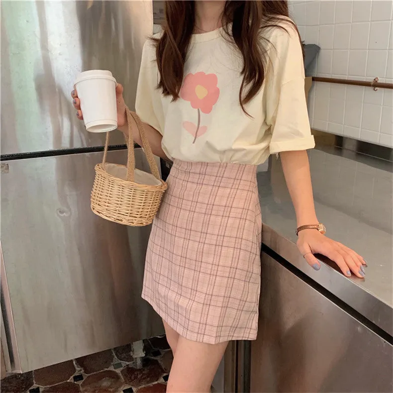Korean High Waist A-Line Skirt Women Summer Chequered Student College All-Matching Skirt