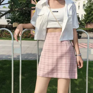 Korean High Waist A-Line Skirt Women Summer Chequered Student College All-Matching Skirt